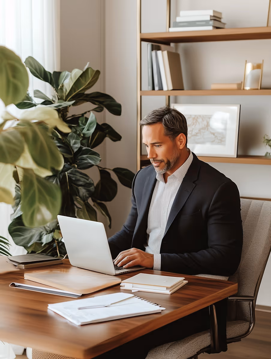 Man in a black blazer working on a laptop at a wooden desk with notebooks and papers, with a large leafy plant and bookshelves in the background.