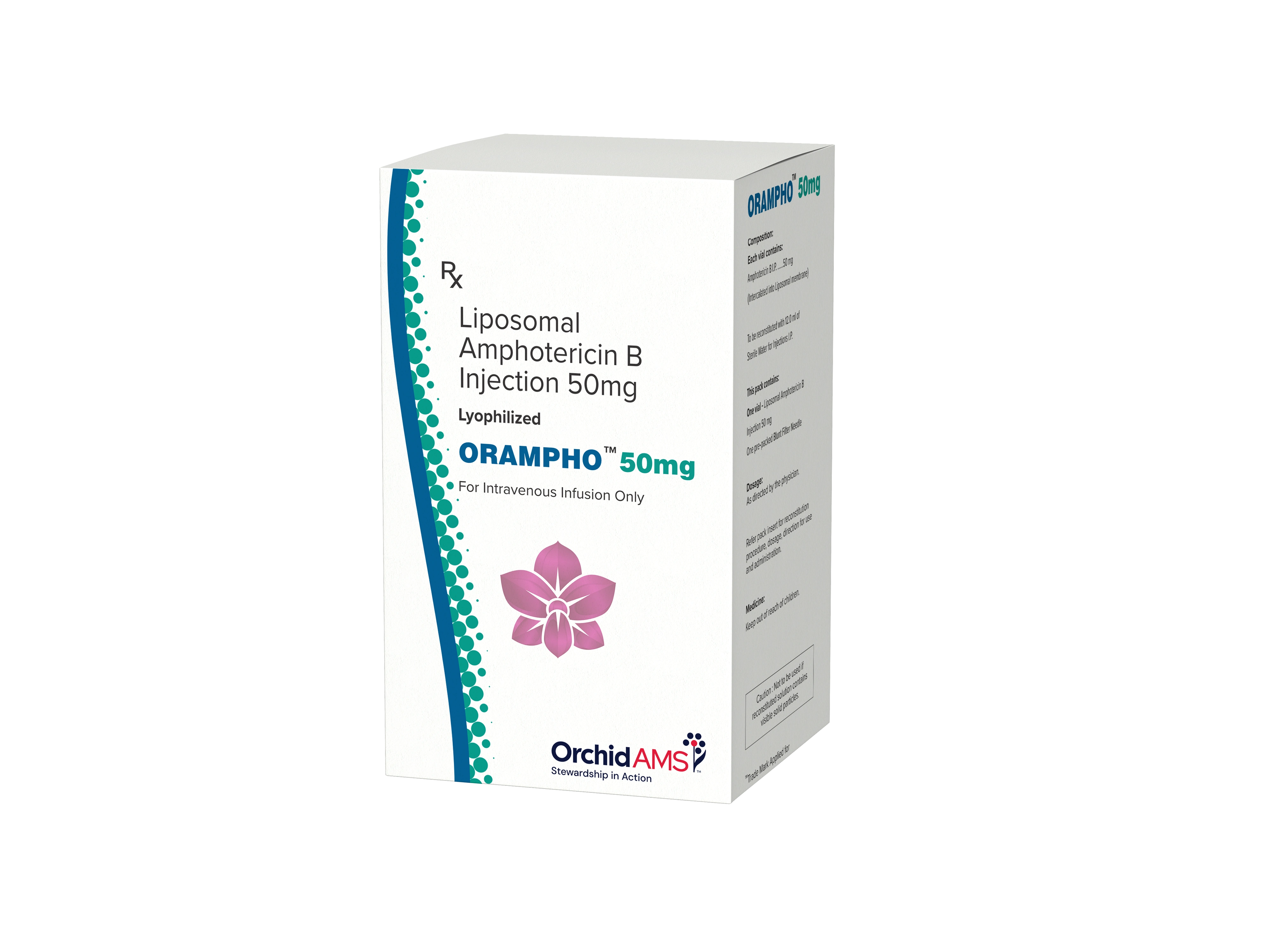 Box packaging for ORAMPHO, a liposomal Amphotericin B injection product from Orchid Pharma