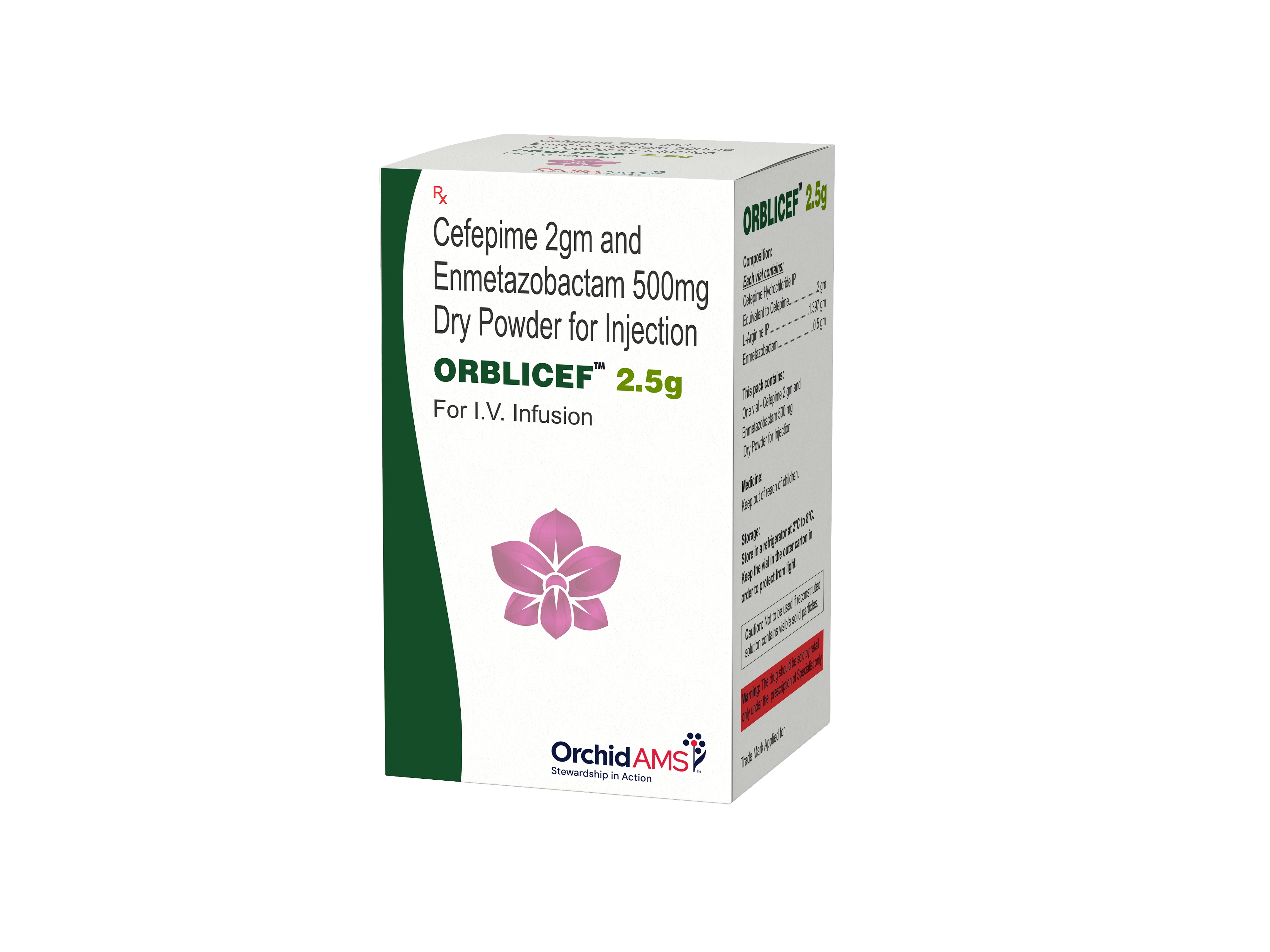Box packaging for ORBLICEF 2.5g containing Cefepime and Enmetazobactam powder for injection