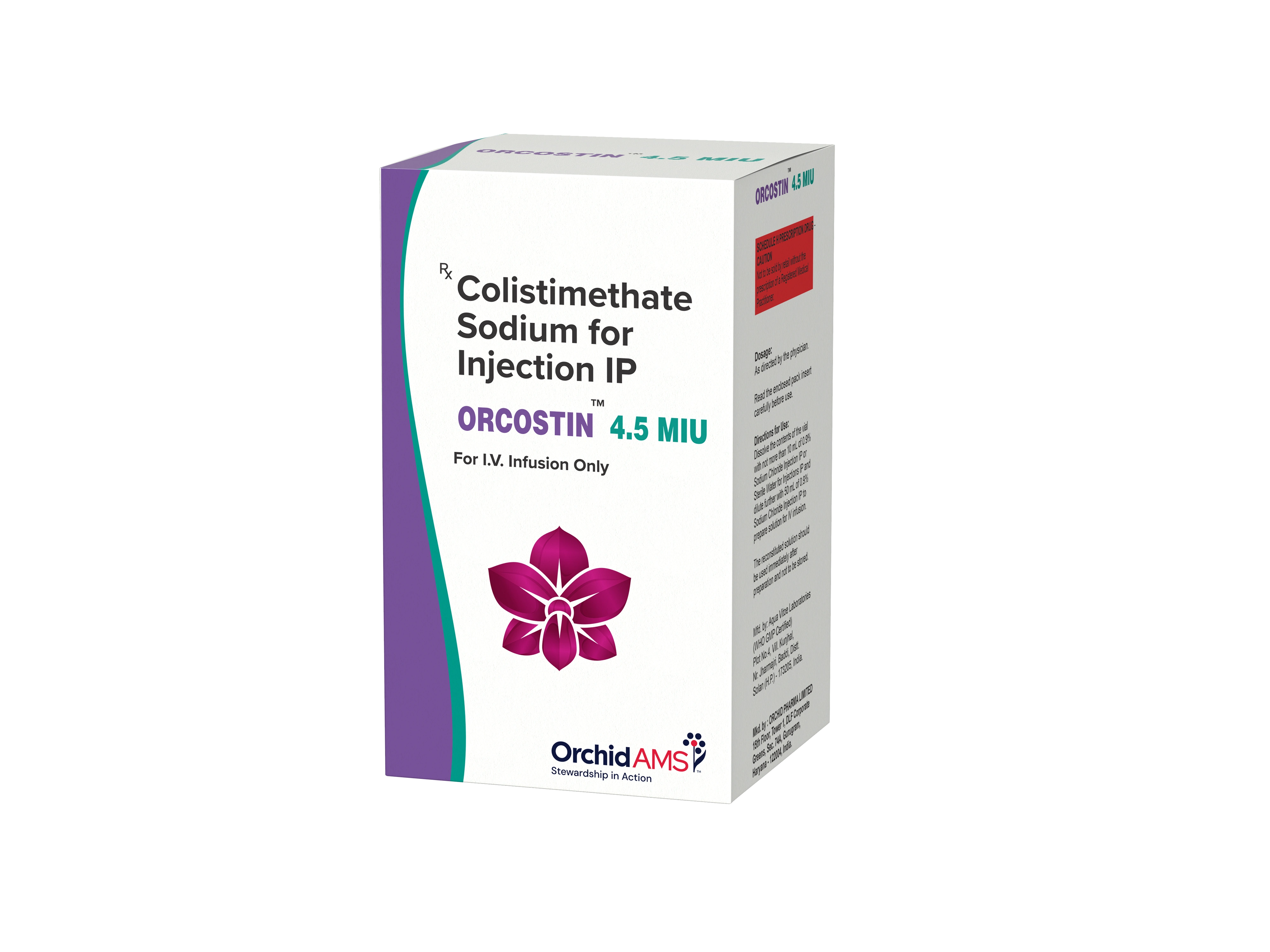 Box packaging for ORCOSTIN Colistimethate Sodium Injection IP, a pharmaceutical product
