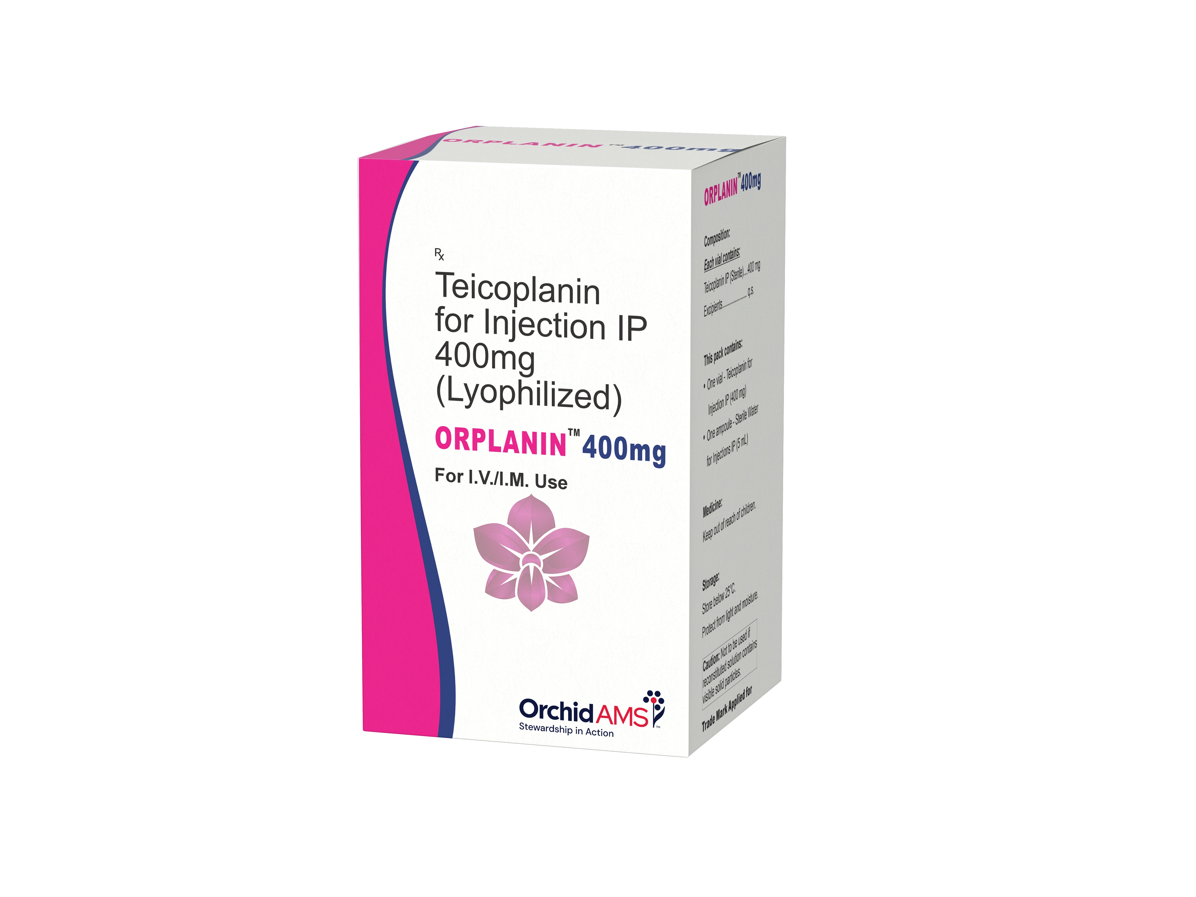 Orchid Pharma ORPLANIN box showing the glycopeptide antibiotic for injection