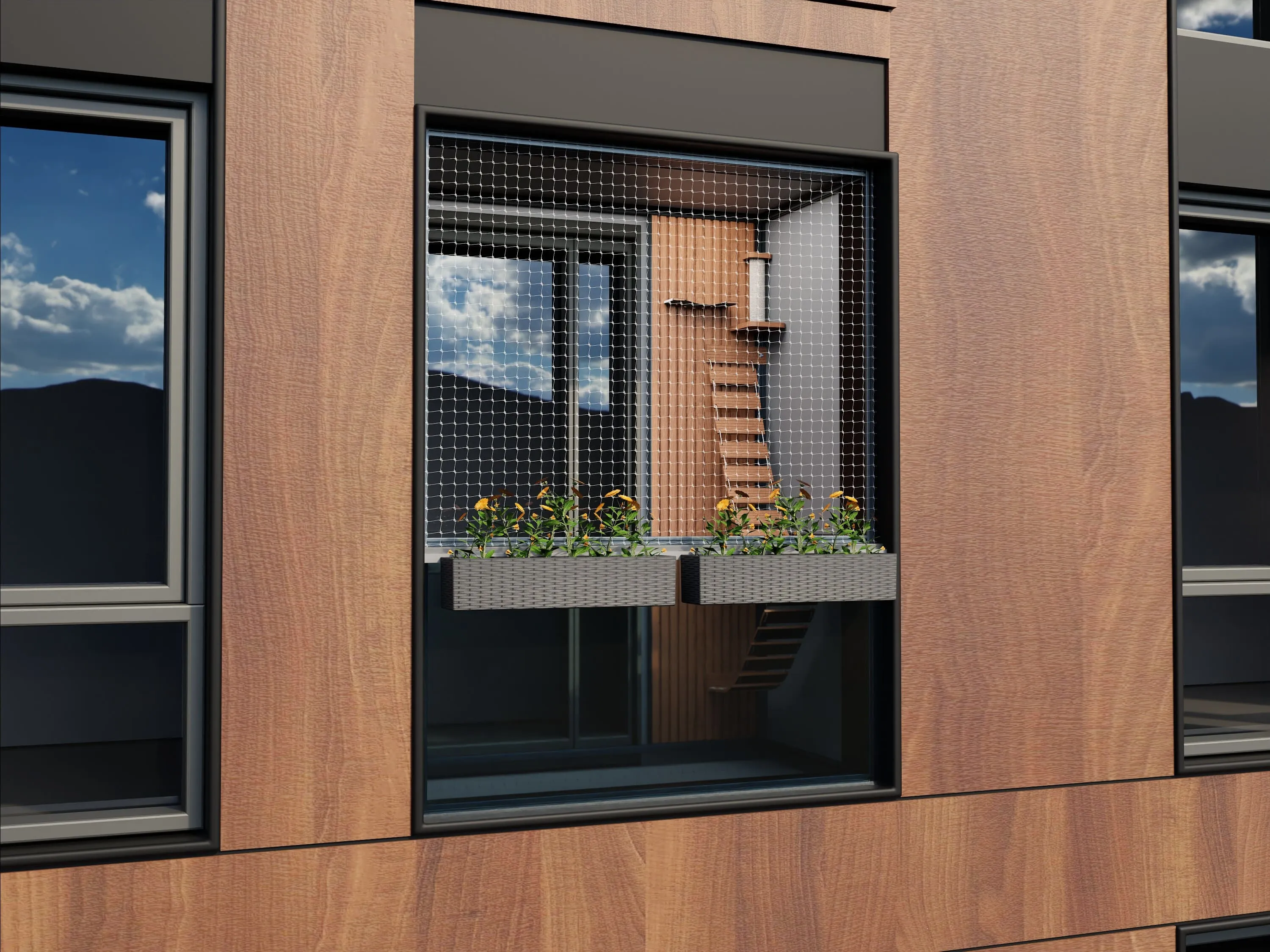 3D render of a balcony