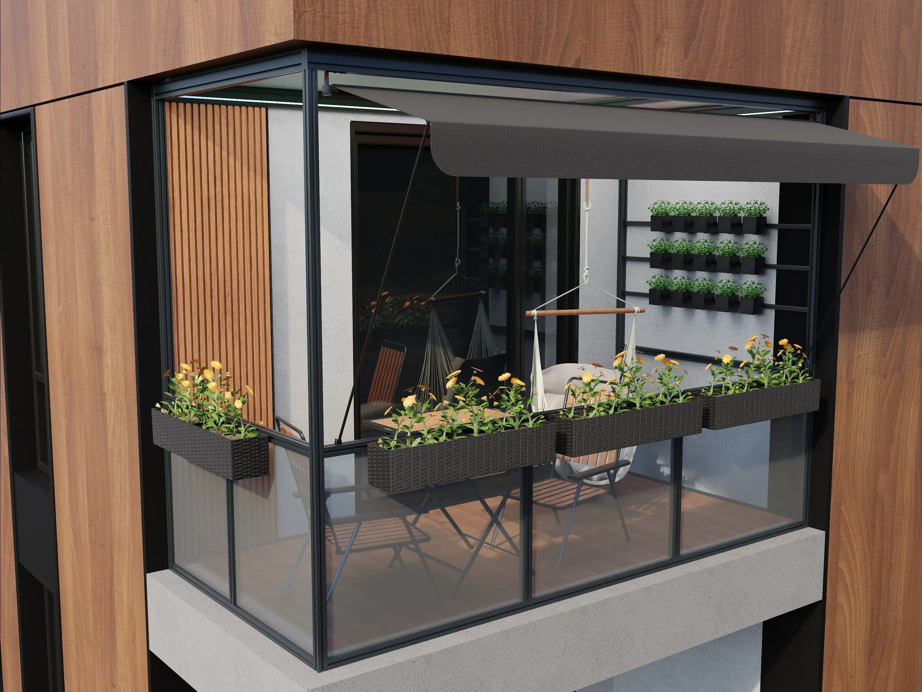3D render of a balcony