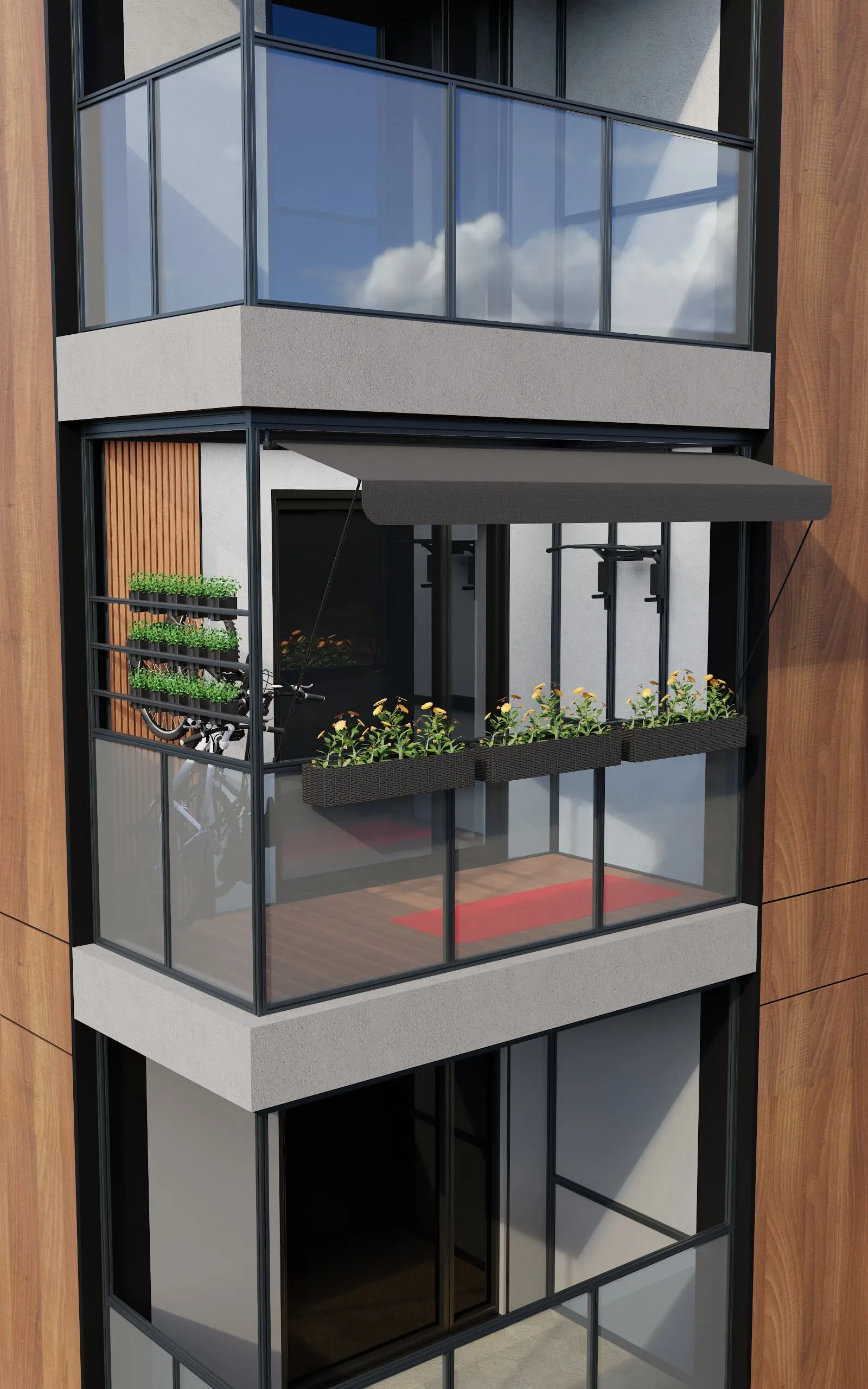 3D render of a balcony
