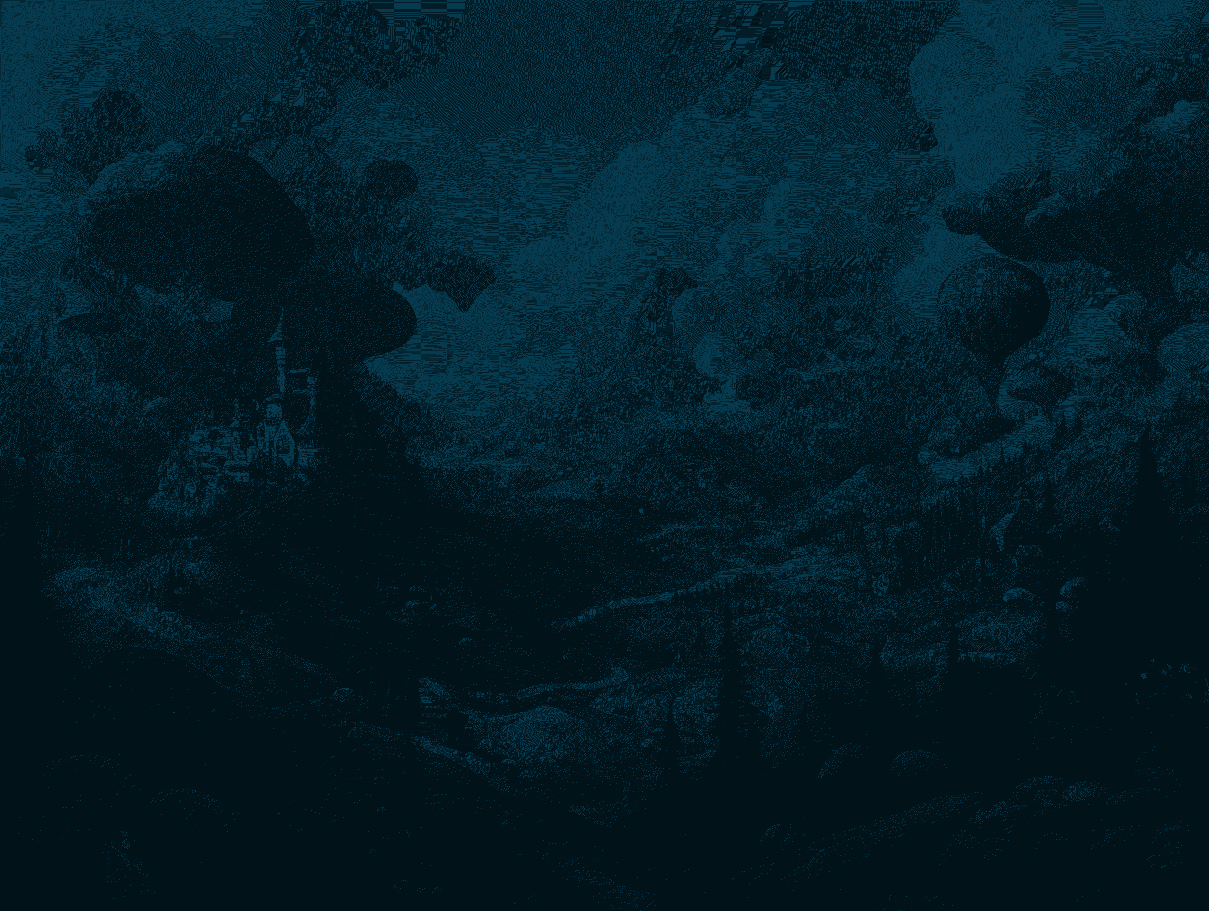 Fantasy landscape with a castle on the left, giant mushrooms, a hot air balloon, and a mountainous forest under a cloudy sky.