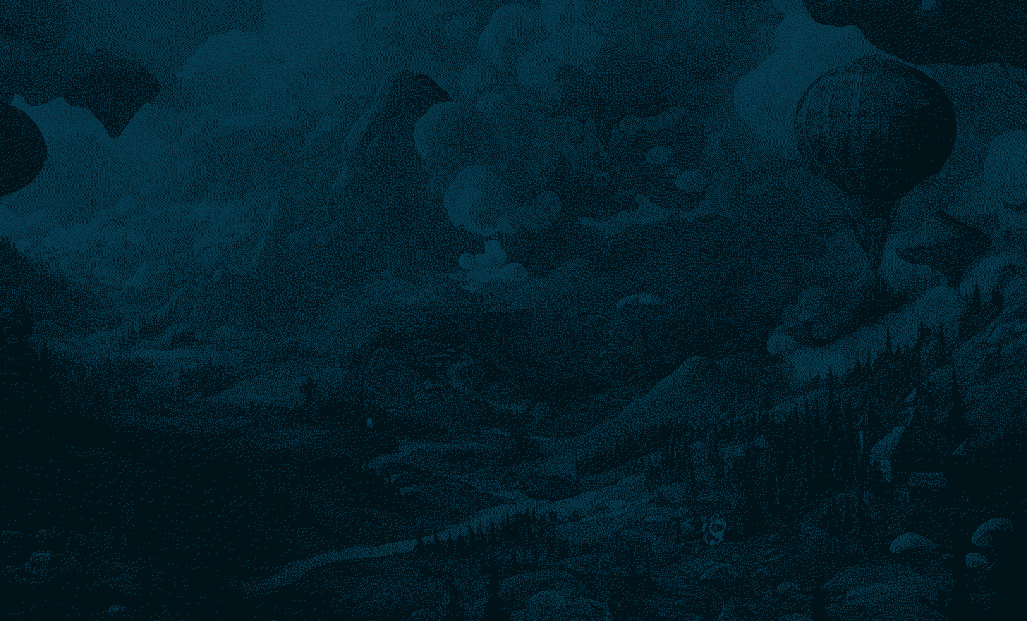 Surreal landscape with mountains, forests, and floating hot air balloons under a cloudy sky.