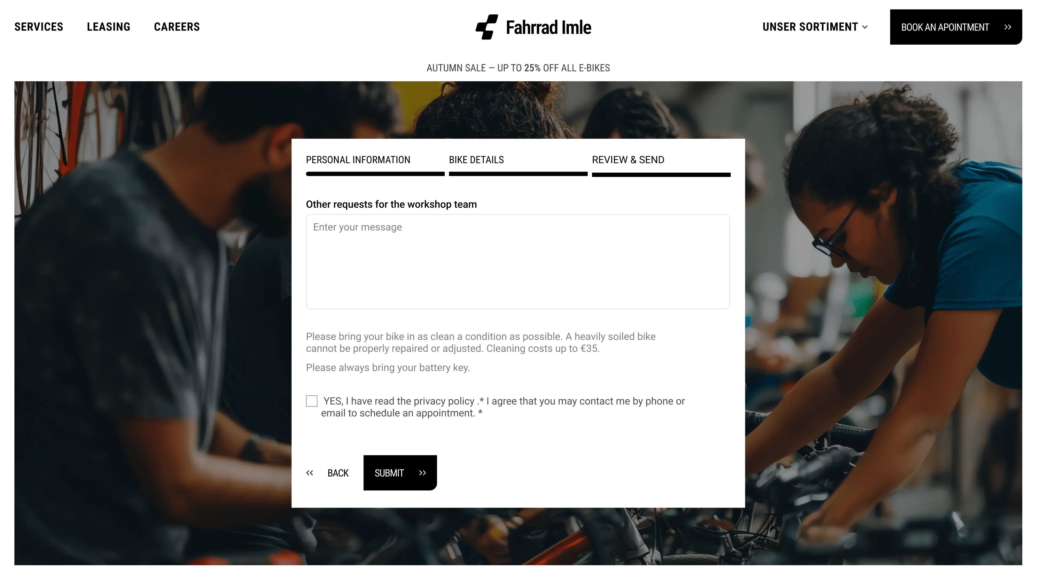 FAHRRAD IMLE — three-step booking with bike and insurance details