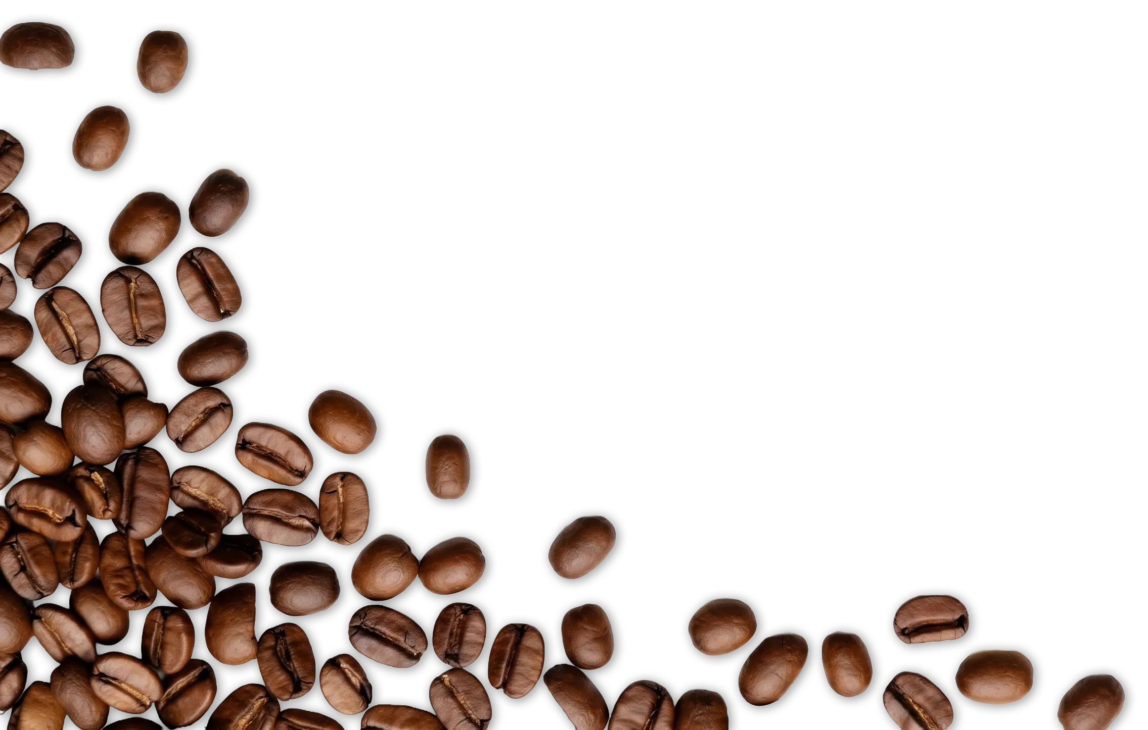 Scattered medium-roast coffee beans on a black background, clustered mostly in the bottom left and right corners.