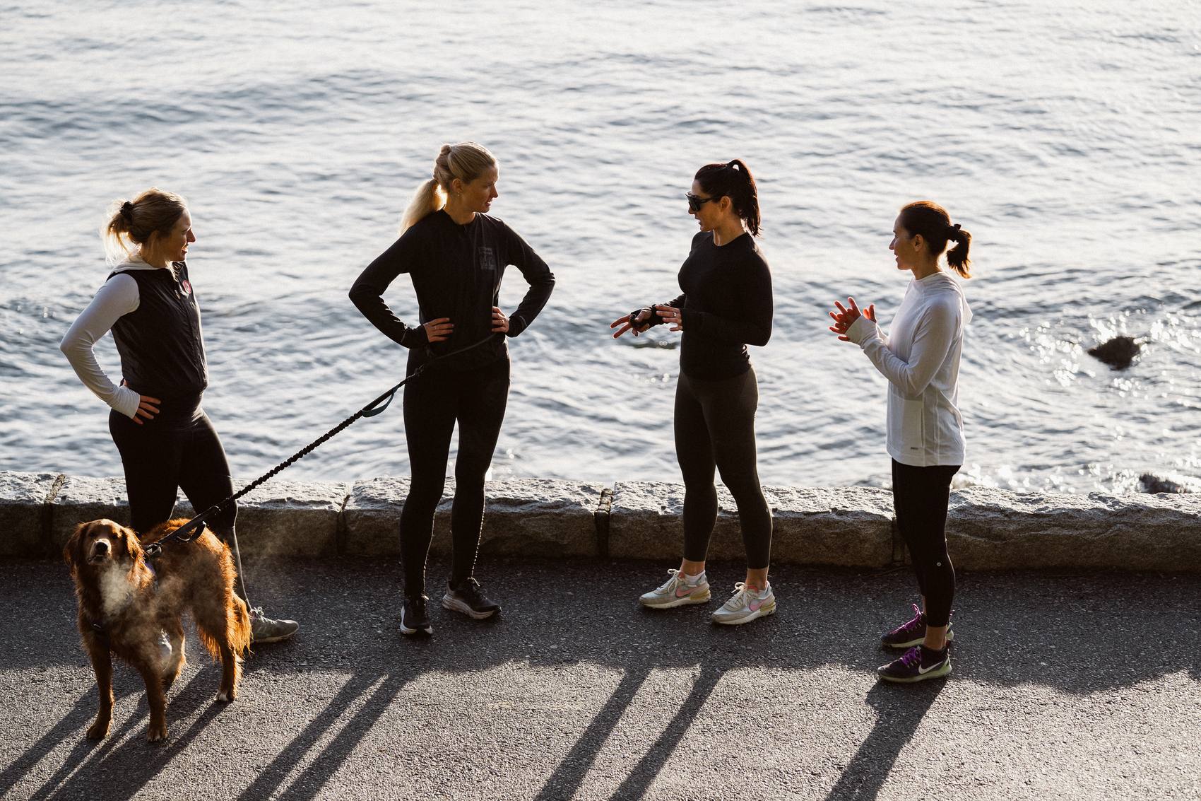 Four women and a dog chatting on the seawall by the ocean