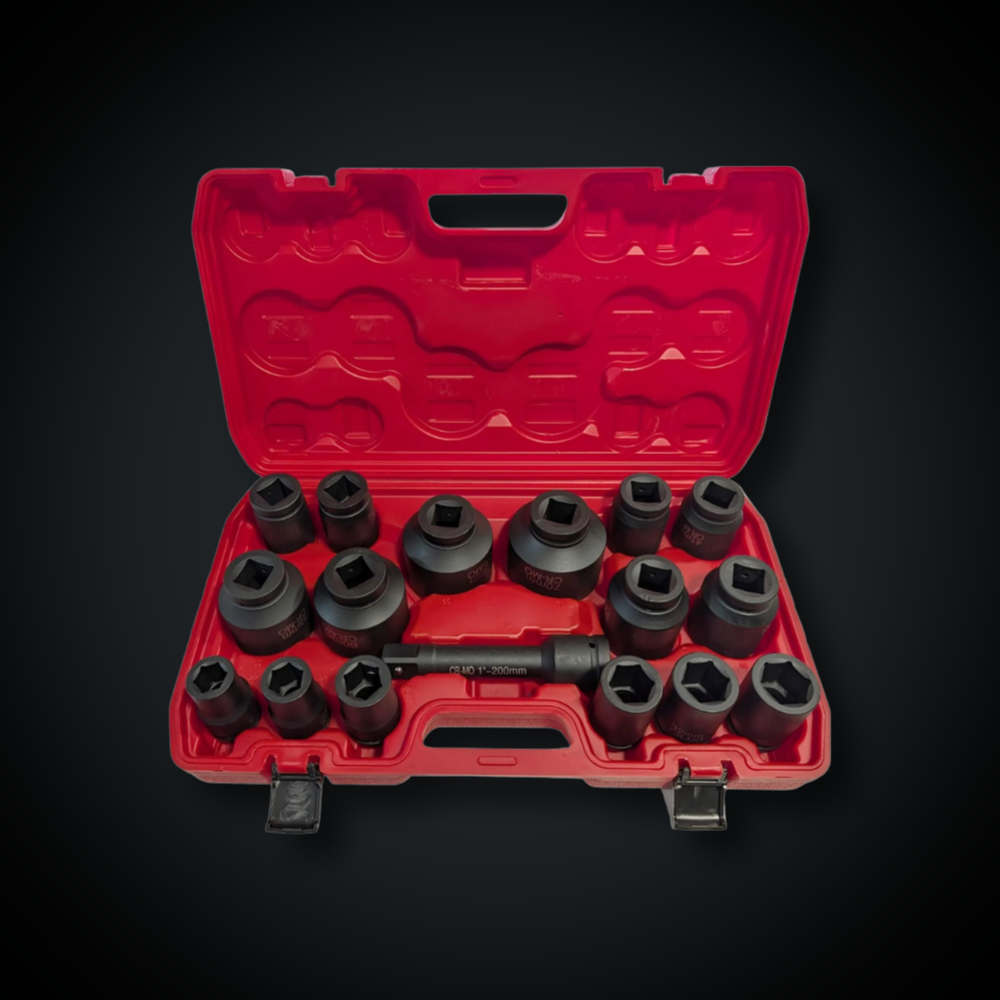 Faymonville UK 17-Piece 1" Drive CR-MO Deep Impact Socket Set with Adapters