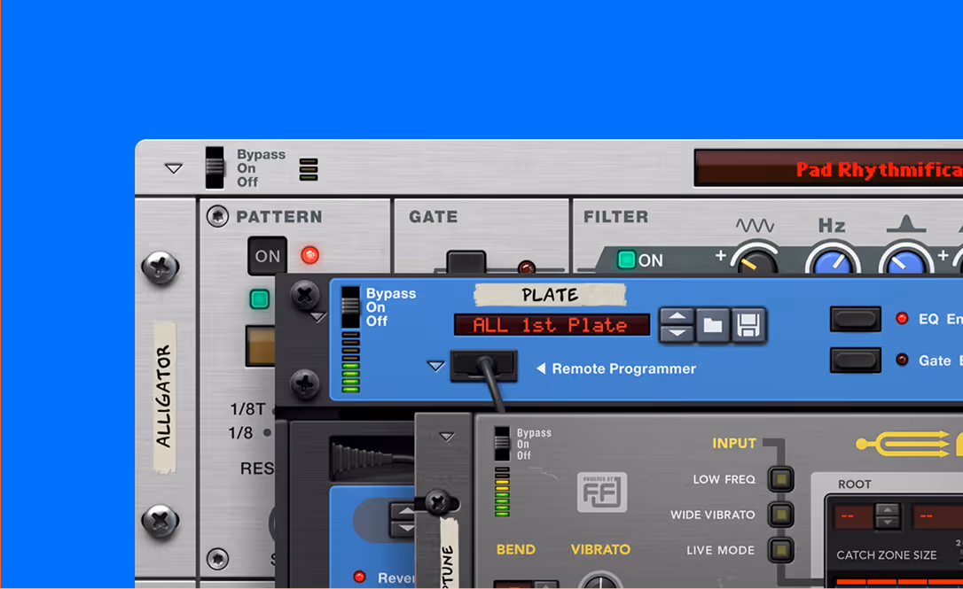 Close-up of layered digital music effect plugins named Alligator, Plate, and Vibrato on a blue background.
