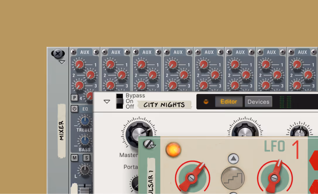 Close-up of utility devices, showcasing audio controls with knobs labeled AUX, treble, bass, and LFO 1.