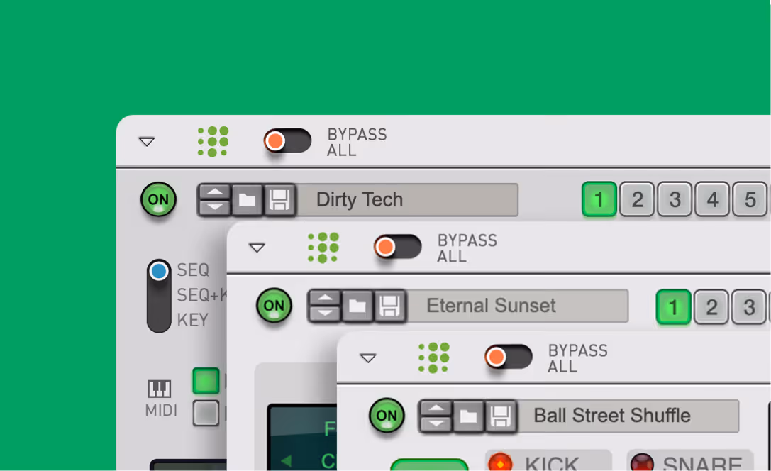 Three layered player plugin windows named Dirty Tech, Eternal Sunset, and Ball Street Shuffle on a green background.