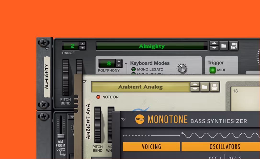 Stacked instrument device interfaces labeled Almighty, Ambient Analog, and Monotone Bass Synthesizer.