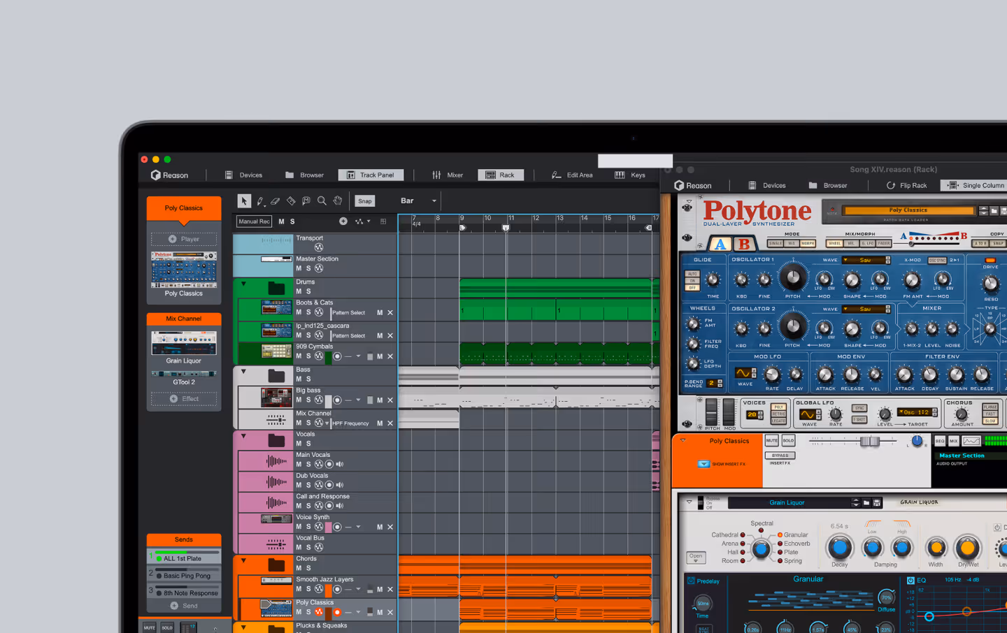 Computer screen showing digital audio workstation with tracks, mixer, and Polytone synthesizer plugin.