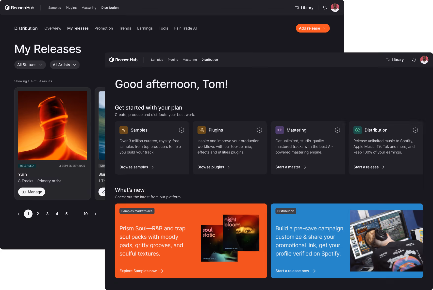 User dashboard of ReasonHub showing My Releases, sample packs, plugins, mastering, and distribution options.