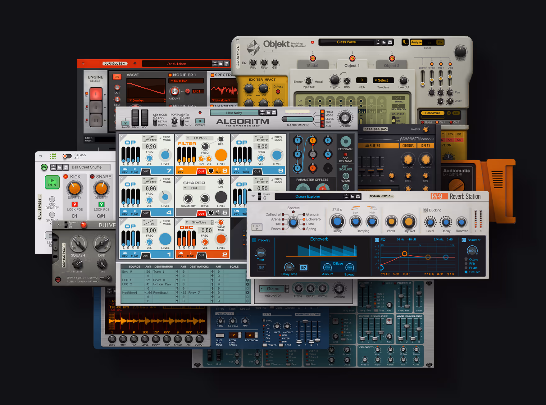 Collage of various digital audio synthesizer and effects plugin interfaces on dark background.