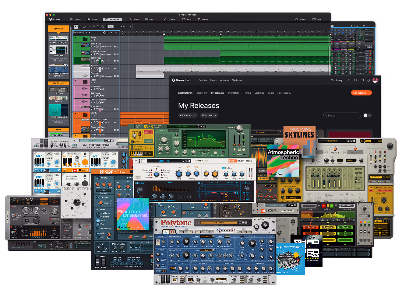 Software interface of a digital audio workstation with multiple synth and effect plugin windows open.