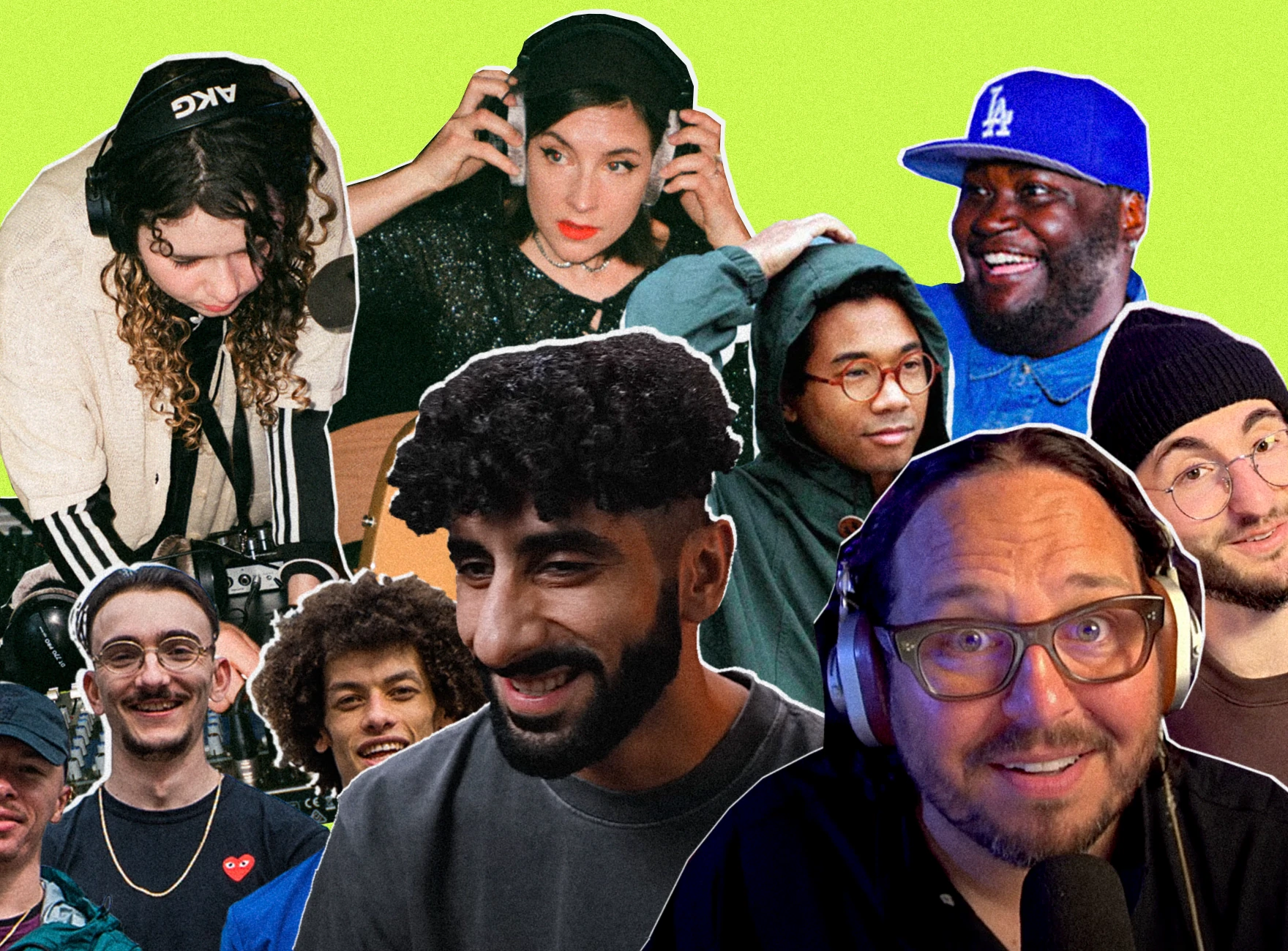 Collage of diverse people with headphones and smiling against a bright green background.
