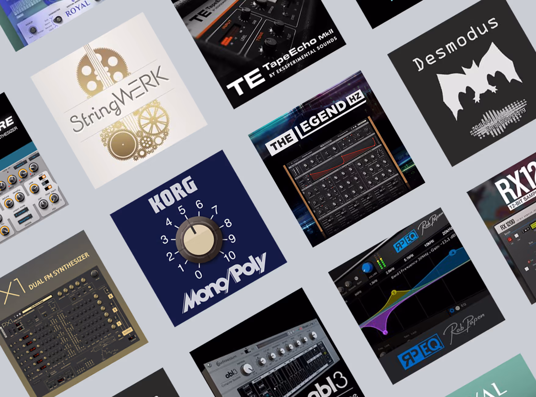Collage of software synthesizer and audio plugin interfaces including KORG Mono/Poly and TapeEcho MkII.