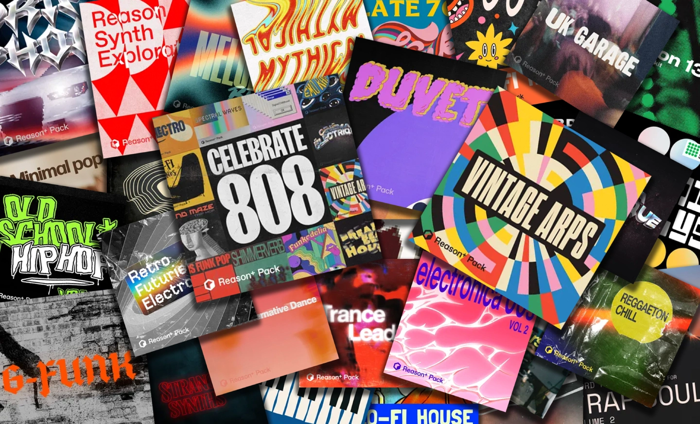 Collage of colorful music sound pack covers from Reason+ featuring genres like Vintage Arps and UK Garage.
