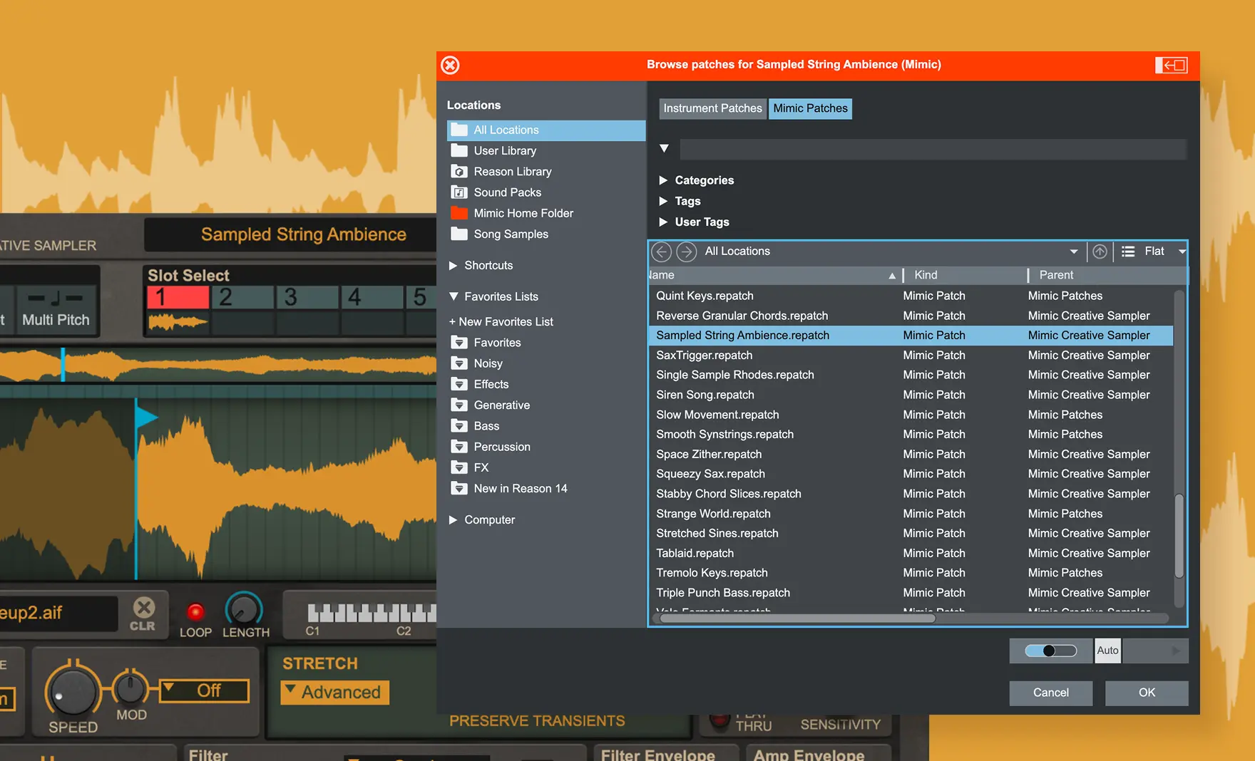 Software interface showing Mimic Patch browser with sample string ambience and various sound patch options.