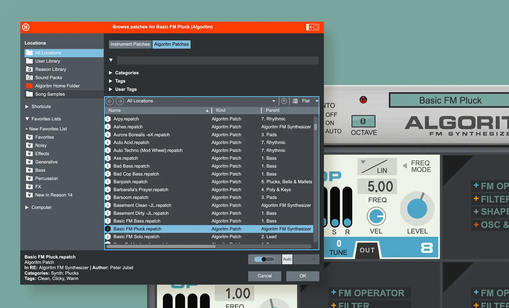 Software interface showing a patch browser with Basic FM Pluck patch selected in an Algoritm FM synthesizer.