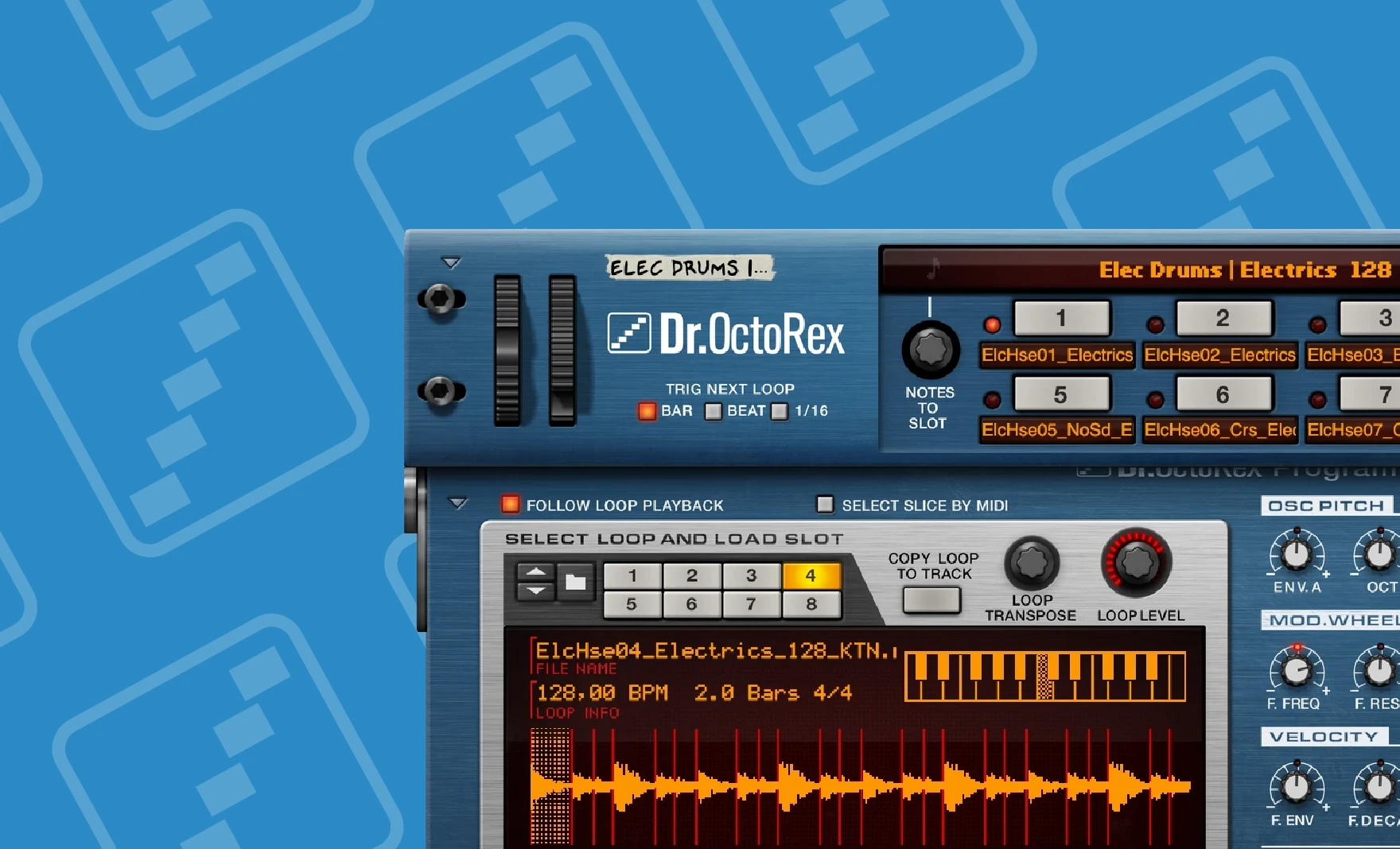 Dr. OctoRex loop player interface showing loop selection, waveform, and control knobs on blue background.