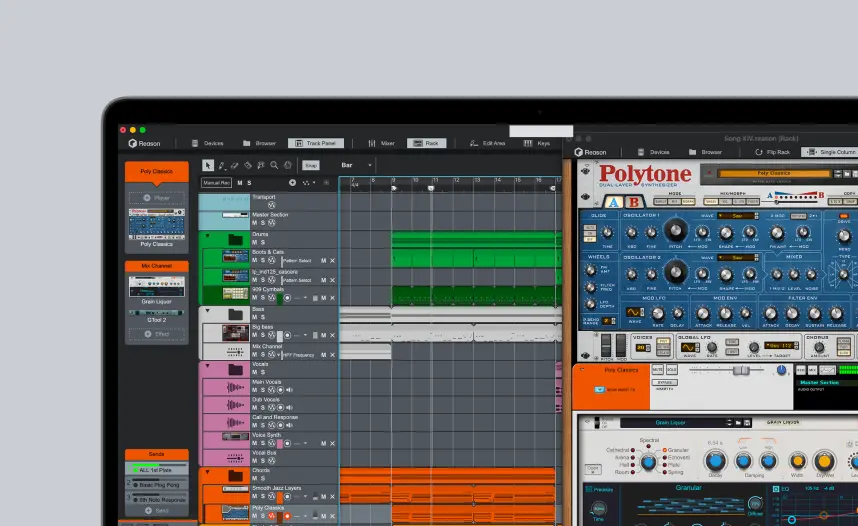 Computer screen showing a multi-track music production software interface with audio tracks and Polytone synth.