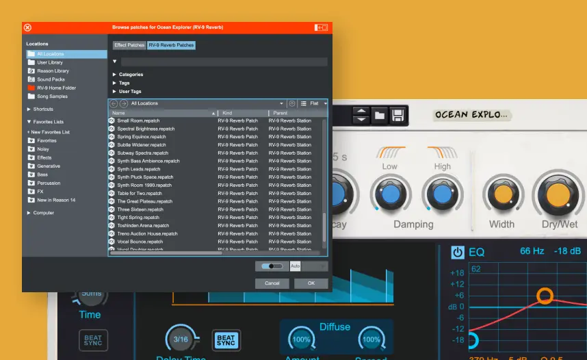 Screen showing Ocean Explorer RV-9 Reverb patches selection interface with controls and EQ display.