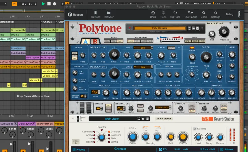 Polytone synth plugin interface with controls for oscillators, filters, envelopes, effects, and modulation.