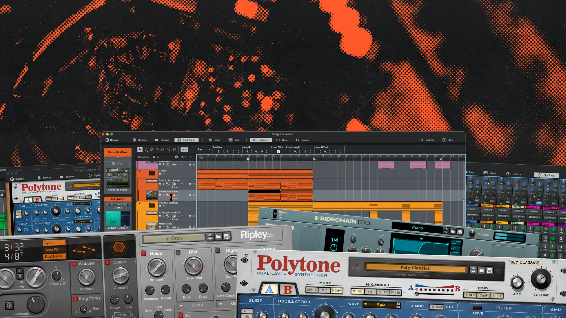 Digital audio workstation screen with mixer and synthesizer plugin interfaces over an abstract orange and black background.