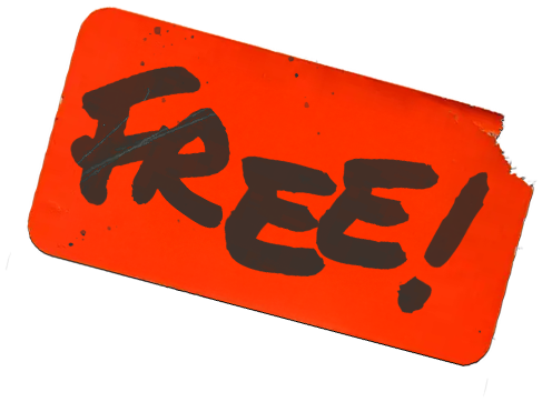 Red rectangular sticker with bold black text reading FREE! and a slightly worn corner.