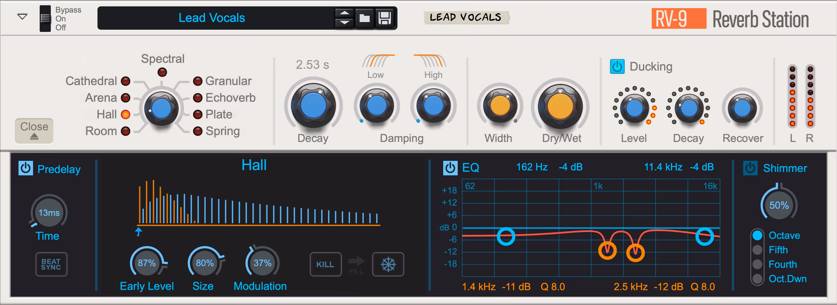 RV-9 Reverb Station plugin interface set to Hall reverb for lead vocals with EQ and ducking controls.