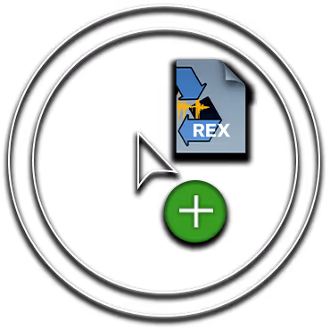 White cursor beside a REX file icon and a green circular button with a white plus sign on black background.
