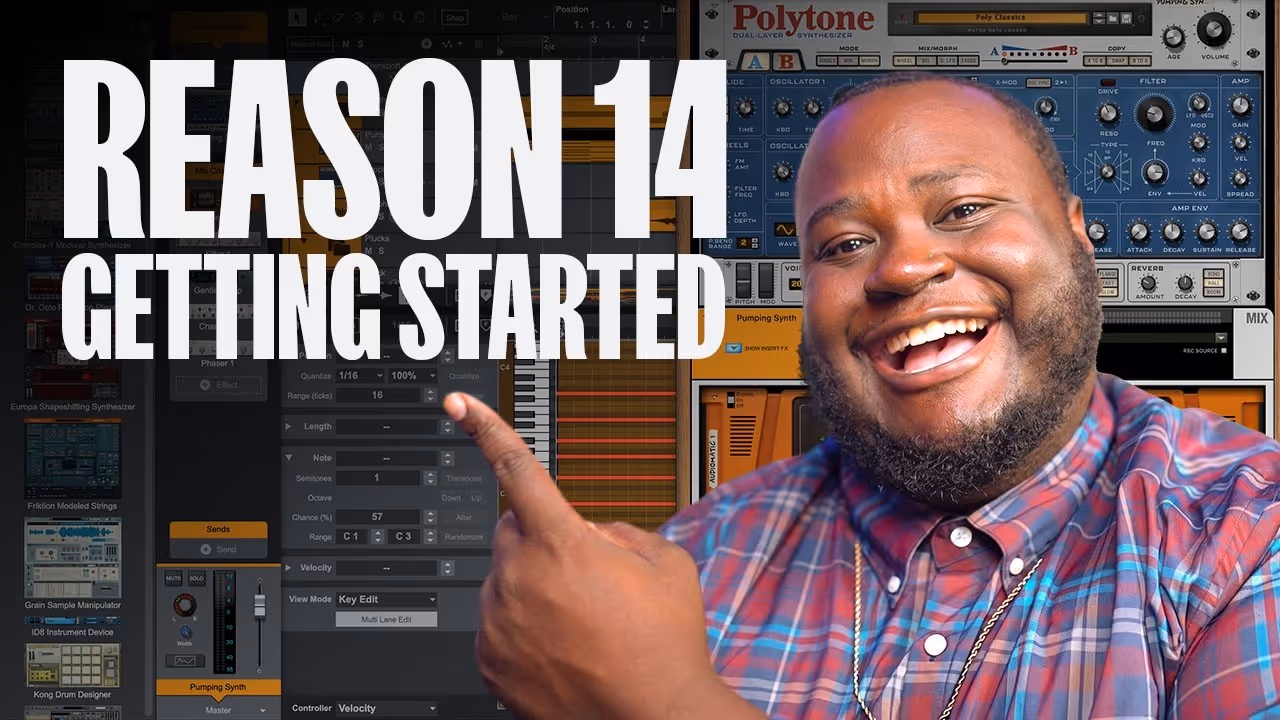 YouTube tutorial thumbnail titled "Reason 14 Getting Started" featuring a smiling man pointing at a plugin interface.