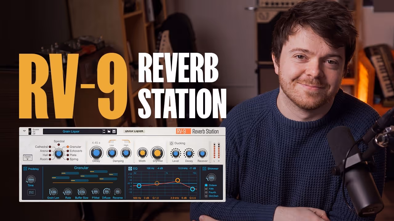 YouTube tutorial thumbnail titled "RV-9 Reverb Station" featuring a man next to the reverb plugin interface.