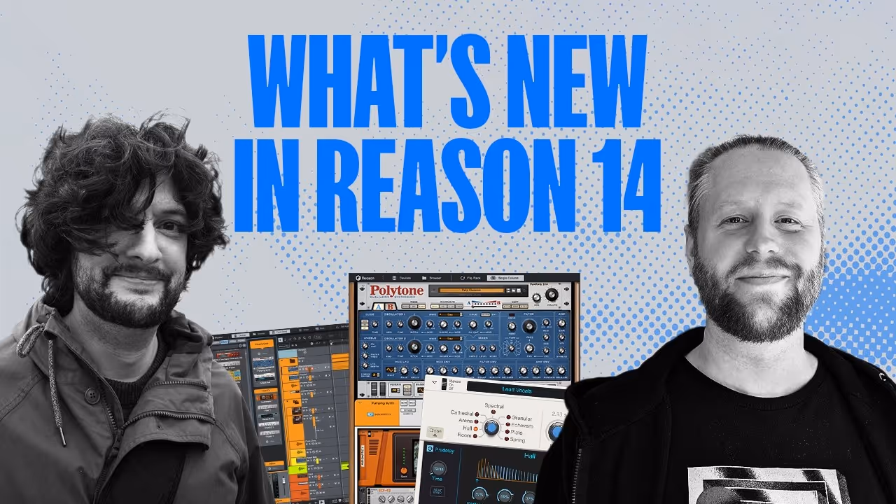 YouTube tutorial thumbnail titled "What's New in Reason 14" featuring two men next to a plugin interface.