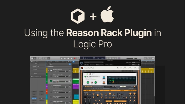 Dark graphic titled "Using the Reason Rack Plugin in Logic Pro" with a screenshot of the plugin in Logic Pro.