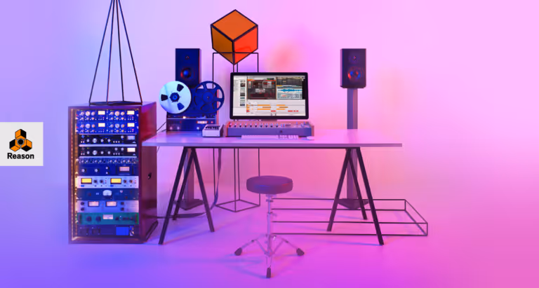 Purple graphic showing a stylized illustration of a music studio desk with rack gear and speakers.