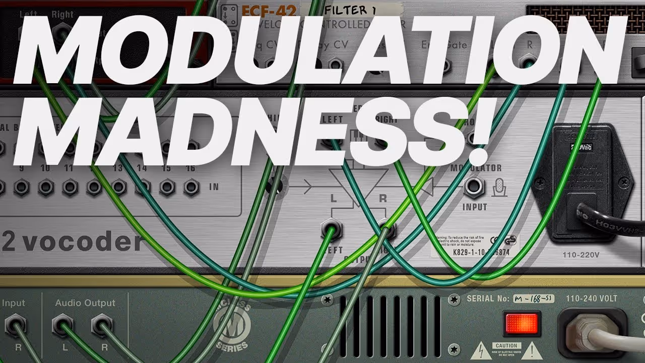 Graphic titled "Modulation Madness!" featuring a vocoder device with green patch cables.