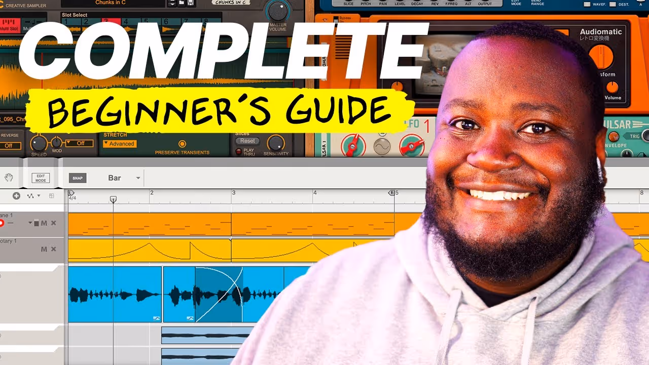 YouTube tutorial thumbnail titled "Complete Beginner's Guide" featuring a smiling man next to a plugin interface.