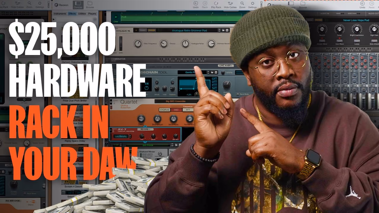 $25,000 hardware rack shown with a man in glasses and beanie pointing upward, DAW interface in background.