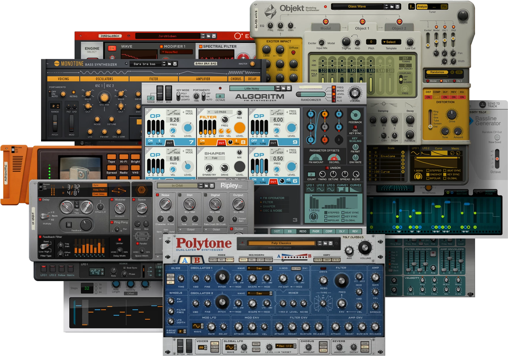 Collage of digital synthesizer plugin interfaces with knobs, sliders, and waveform displays on black background.