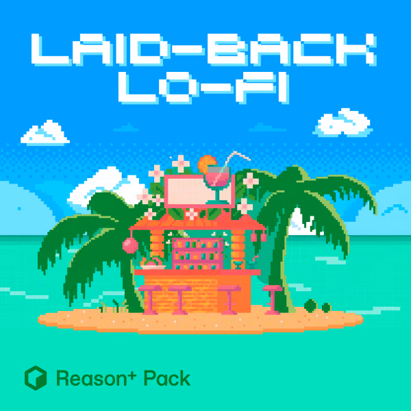 Pixel art tropical beach bar with palm trees, a cocktail, and text 'Laid-Back Lo-Fi' on blue sky.