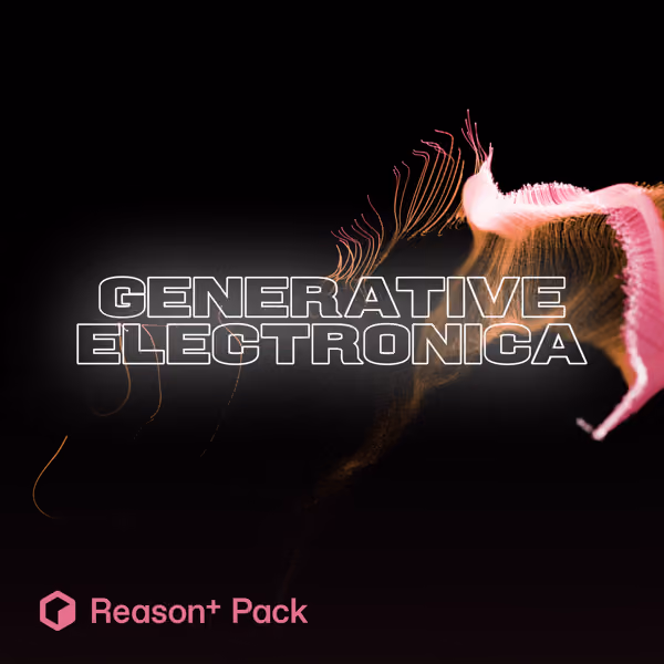 Abstract orange and pink digital wave with 'Generative Electronica' text and Reason+ Pack logo on black.