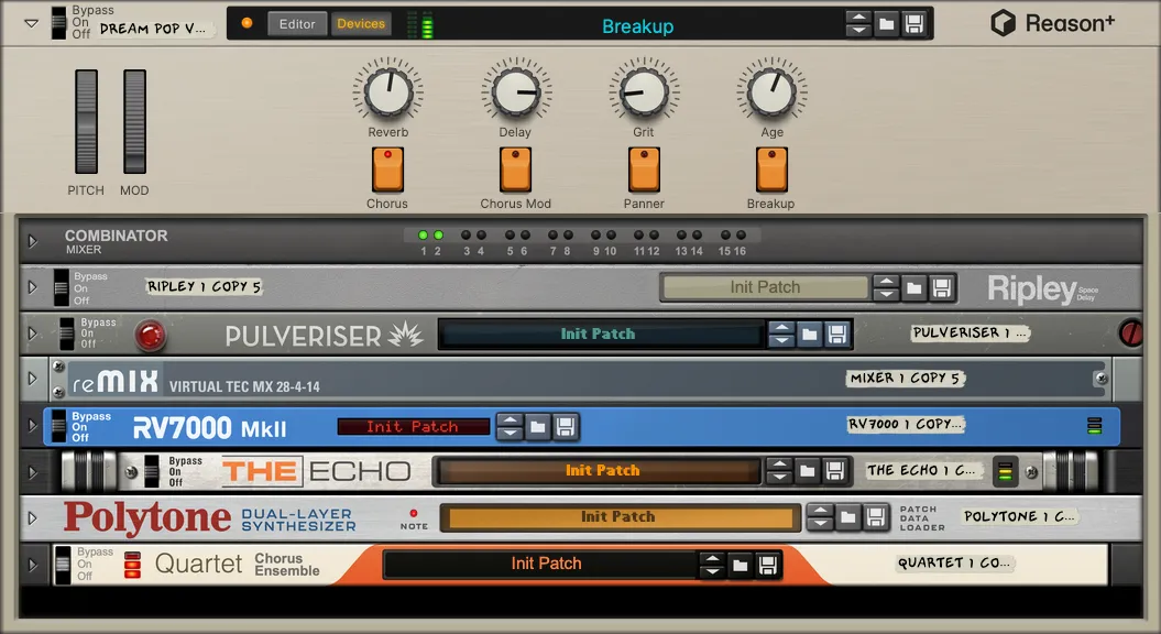 Audio plugin interface with controls for Dream Pop effects including reverb, delay, grit, age, and mixer modules.