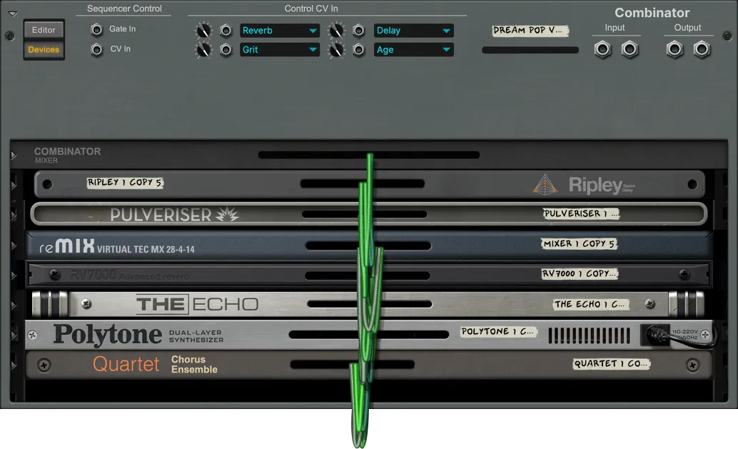 Digital audio rack with effects modules: Ripley, Pulveriser, Remix, RV7000, Echo, Polytone, Quartet Chorus Ensemble.