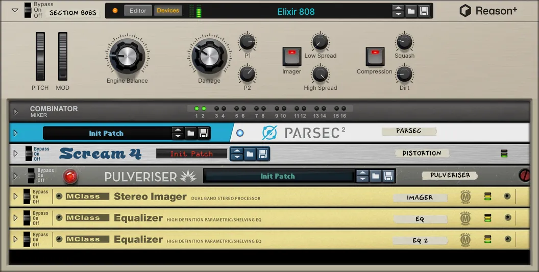Audio plugin interface for Elixir 808 with controls for pitch, damage, imager, compression, and equalizers.