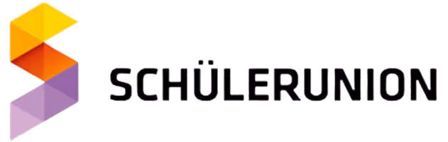 SchülerUnion text logo with an abstract geometric S in yellow, orange, and purple